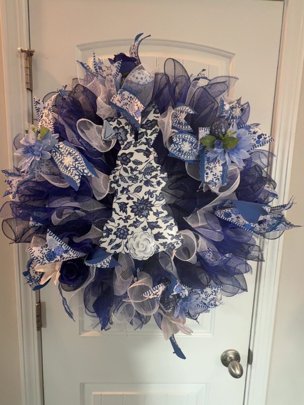 Blue Floral Deco Mesh Holiday Wreath by